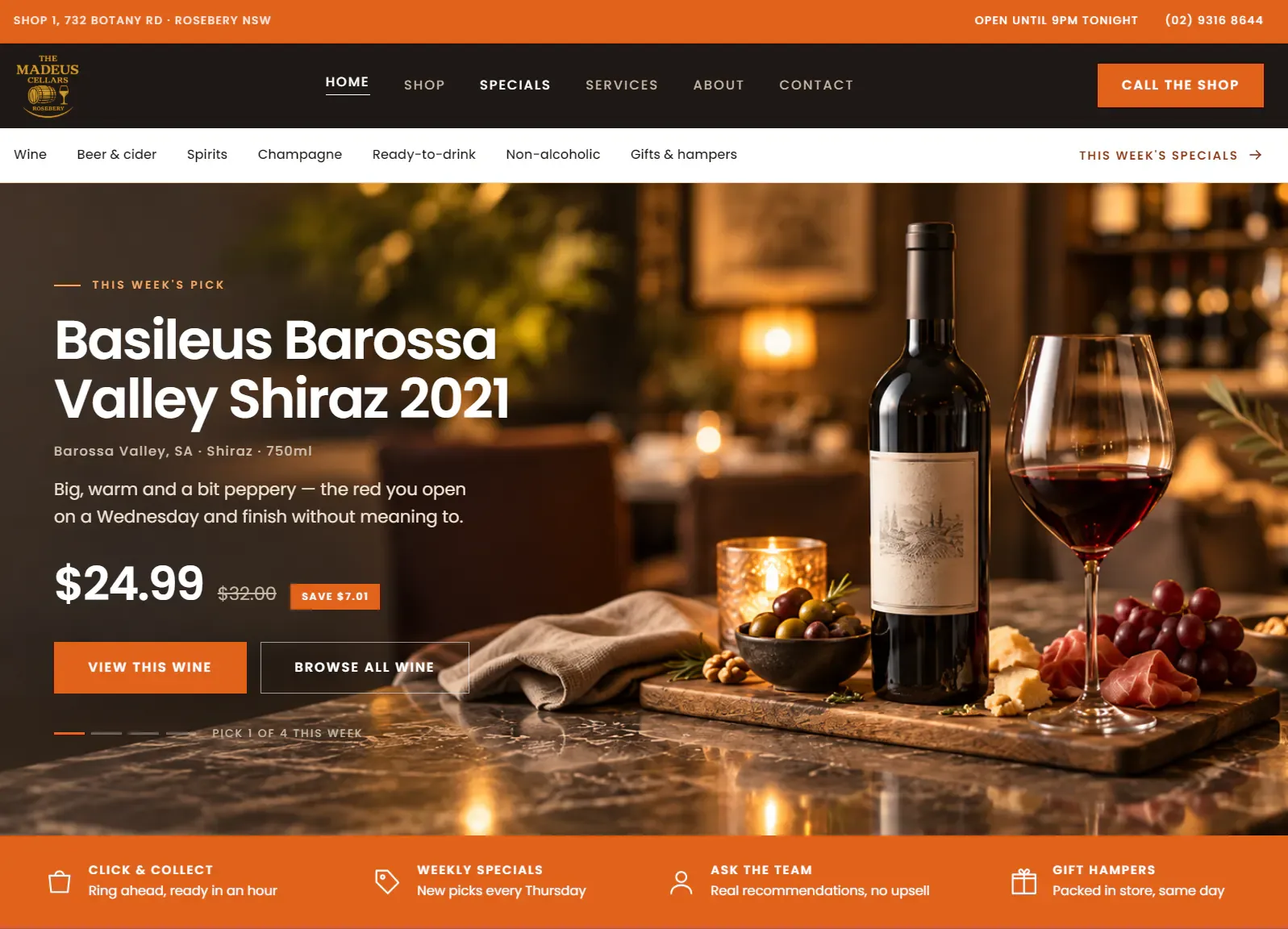 The Madeus Cellar home page: a wine shop with shopping categories and a featured Barossa Valley Shiraz with its price.
